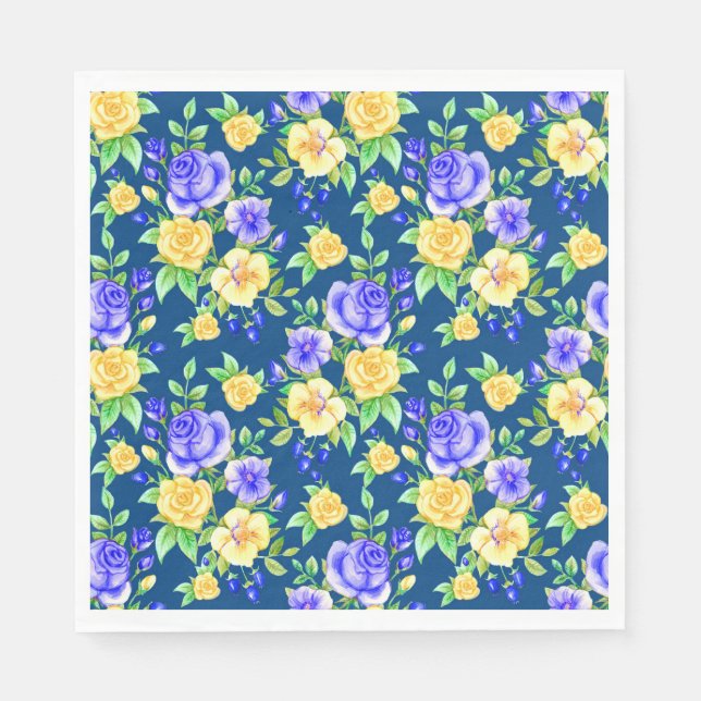 Elegant blå gul rosblommig mönster pappersservett (Framsidan)