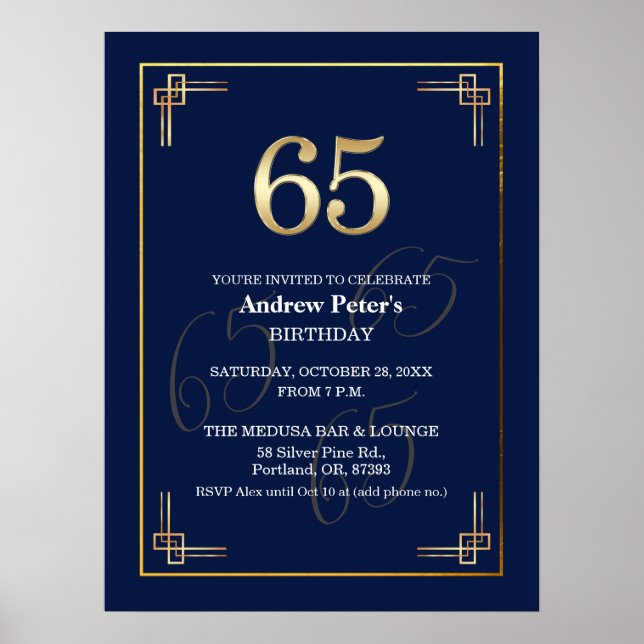 Elegant Blå Guld 65-års Födelsedagsfest Poster (Framsidan)