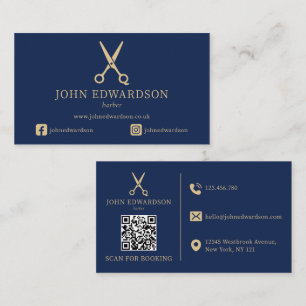 Elegant blå guld barberare sax logotyp QR-kod Visitkort