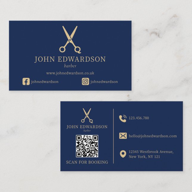 Elegant blå guld barberare sax logotyp QR-kod Visitkort (Fram/baksida)