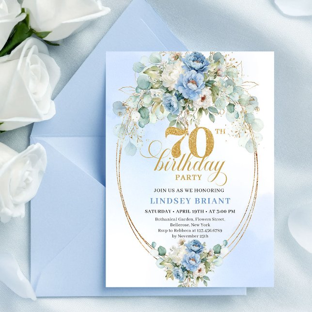 Elegant Blå Guld Blommig 70-års Födelsedagsinbjuda Inbjudningar (Elegant Blue Gold Floral 70th Birthday Invitation Set

)