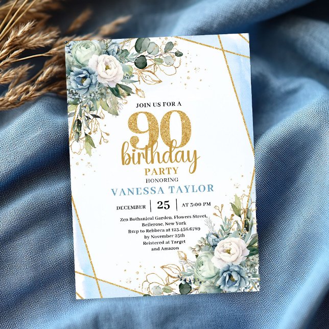 Elegant Blå Guld Blommig 90-års Födelsedagskort Inbjudningar (Elegant Blue Gold Floral 90th Birthday Party Card)
