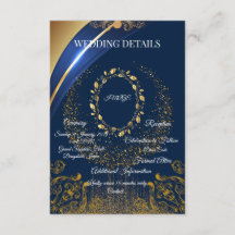 Elegant Blå & Guld Blommig Bröllopsdetaljkort
