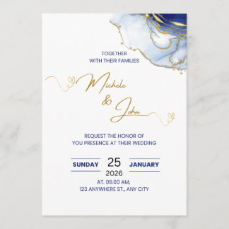 Elegant Blå & Guld Blommig Bröllopsinbjudan | Mo Program