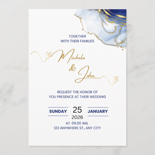 Elegant Blå & Guld Blommig Bröllopsinbjudan | Mo Program (Framsida)
