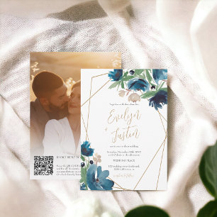 Elegant blå guld Blommigt Vattenfärg QR Bröllop Inbjudningar