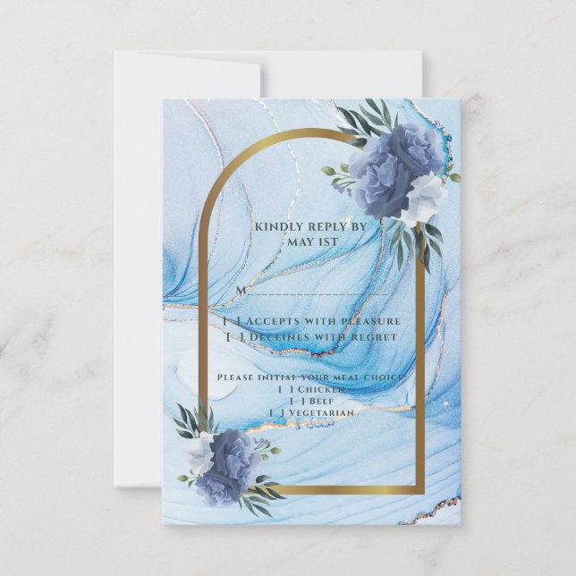 Elegant Blå & Guld Bröllop RSVP-kort  OSA Kort (Framsida)