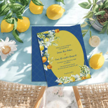 Elegant Blå Guld Citrus Blommig Bröllopsinbjudan