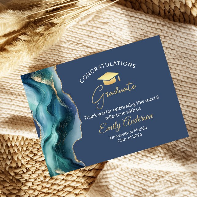 Elegant Blå & Guld Examen Grattis Tilläggskort (Modern blue and Gold Agate, congratulations thank you enclosure card)