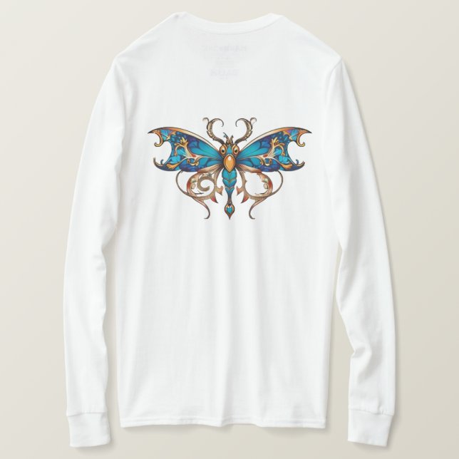 Elegant blå guld filigrans fjäril långärmad T Shirt (Design baksida)