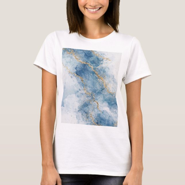 Elegant Blå Guld Glitter Abstrakt Flöde T Shirt (Framsida)