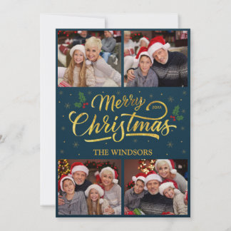 Elegant blå & guld God Jul fotokollage Julkort