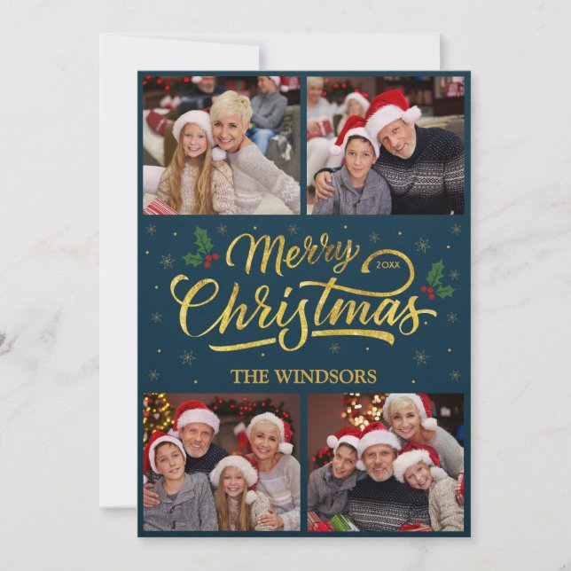 Elegant blå & guld God Jul fotokollage Julkort (Framsida)