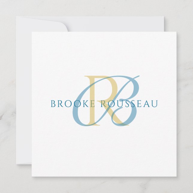 Elegant Blå Guld Initial Monogram Anteckningskort (Framsida)