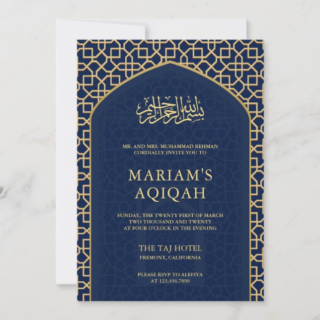 Elegant Blå Guld Islamisk Mihrab Aqiqah Inbjudningar (Framsida)