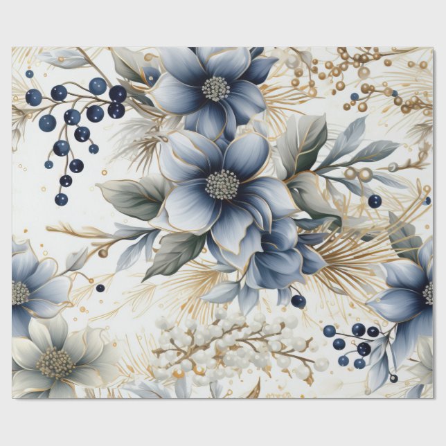 Elegant Blå & Guld Julpapper (Platt)