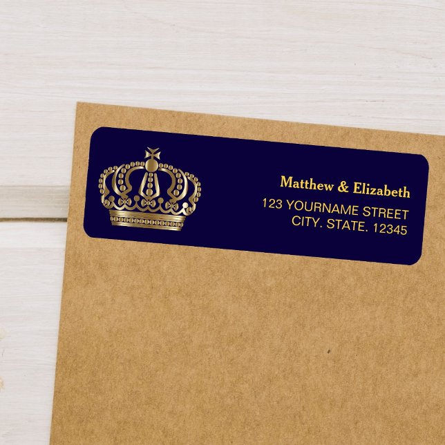 Elegant blå guld krona bröllop returadress etikett (Skapare uppladdad)