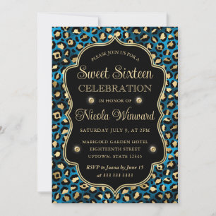 Elegant Blå Guld Leopardtryck Sweet 16 Inbjudningar