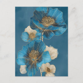 Elegant Blå Guld Linje Art Vallmo Blommig Vykort