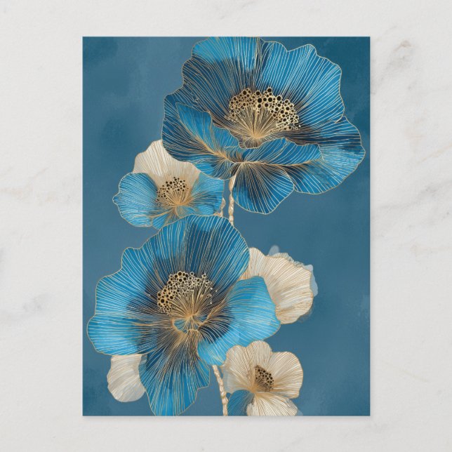Elegant Blå Guld Linje Art Vallmo Blommig Vykort (Framsida)