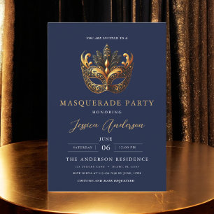 Elegant Blå Guld Masqueraad Party födelsedag Inbjudningar