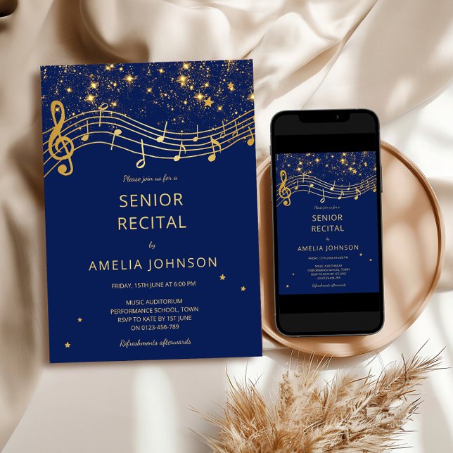 Elegant Blå Guld Musik Seniorrecital Inbjudningar (Elegant Blue Gold Music Senior Recital Invitation)