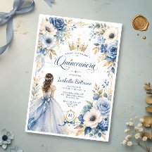 Elegant Blå Guld Prinsessa Blommig Quinceañera