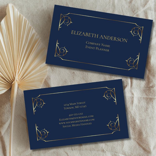 Elegant Blå Guld Rull Minimal  Visitkort (Blue Gold Scroll Minimal Professional Elegant Front Back Business Card)