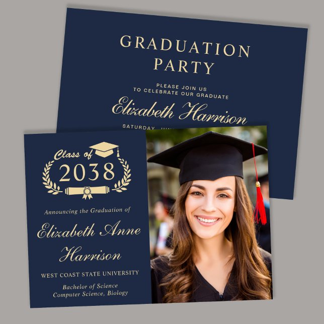 Elegant Blå Guld Universitets Examen Fest Inbjudningar (Elegant Photo Blue Gold College Graduation Party Invitation)