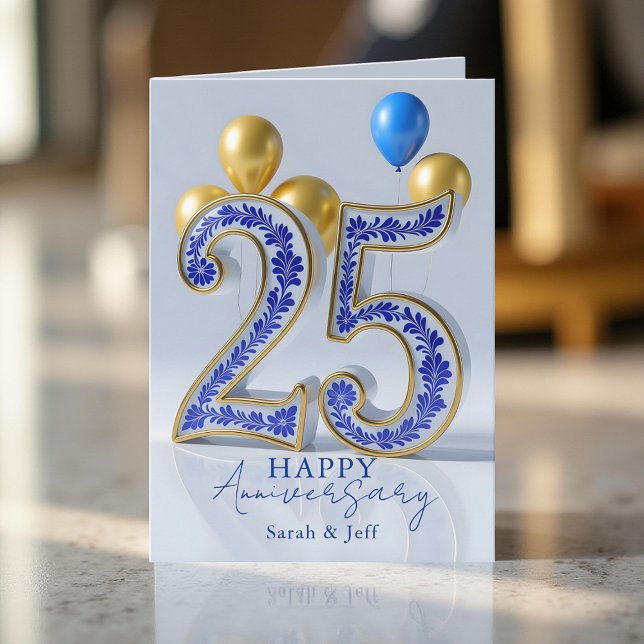 Elegant blå guld utsmyckad 25-års bröllopsdag kort (Skapare uppladdad)