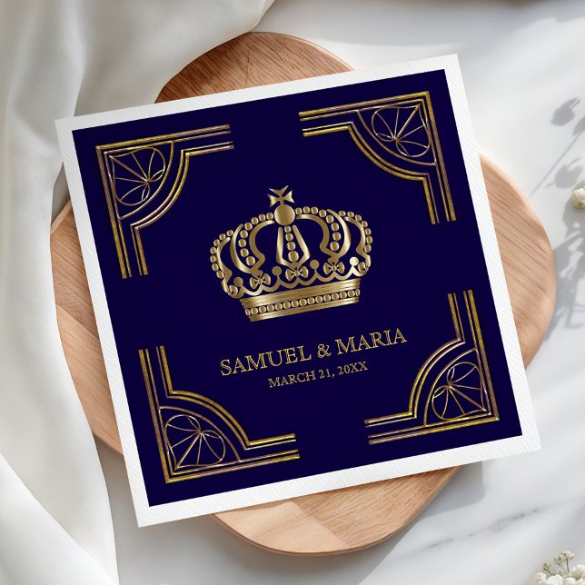 Elegant blå guld utsmyckad krona bröllop pappersservett (Skapare uppladdad)