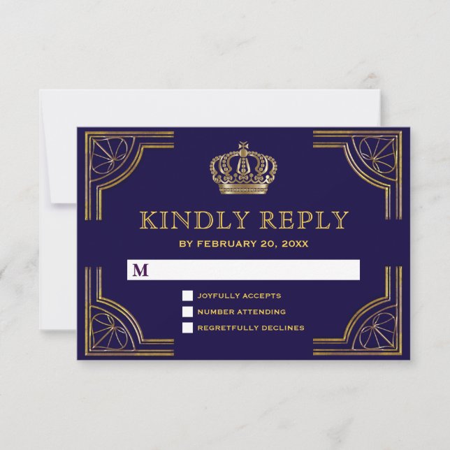 Elegant blå guld utsmyckad krona RSVP OSA Kort (Framsida)