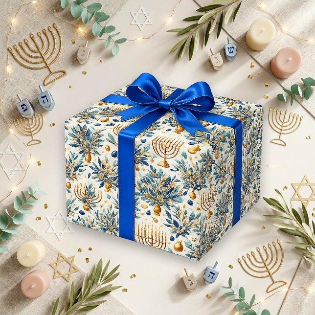 Elegant blå guld vattenfärg menorah presentpapper (Skapare uppladdad)