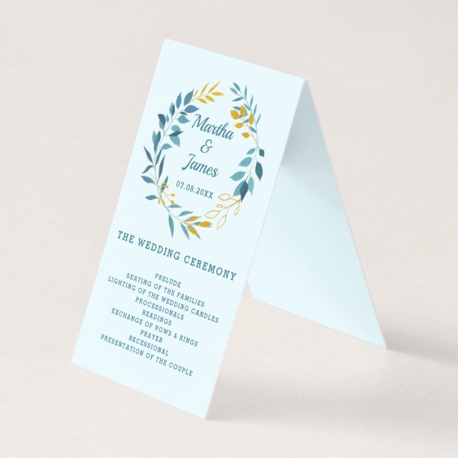 Elegant Blå Guldblad Bröllopsceremoni Program Kort (Framsida)