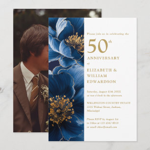 Elegant blå guldblommig 50-årsjubileumsfoto inbjudningar
