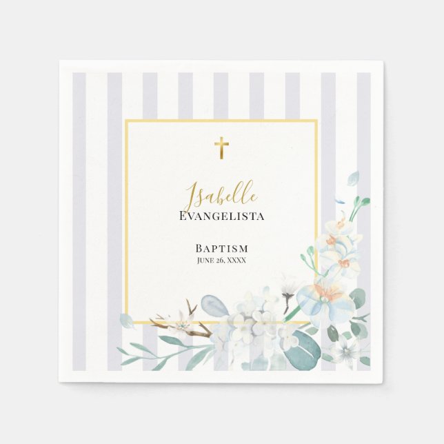 Elegant blå guldblommig dopceremoni pappersservett (Framsidan)