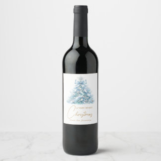 Elegant blå guldskrift Julgran Vinter Vinflaska Etikett