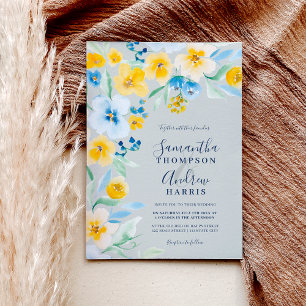 Elegant blå gult blommigt vattenfärg bröllop inbjudningar