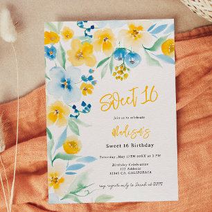 Elegant blå gult blommigt vattenfärg Söt 16 Inbjudningar