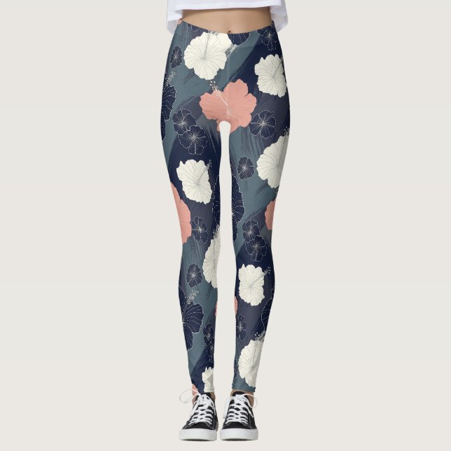 Elegant Blå Hibiskus Blommönster (10) Leggings (Framsida)