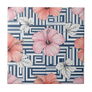 Elegant Blå Hibiskus Blommönster (12) Kakelplatta