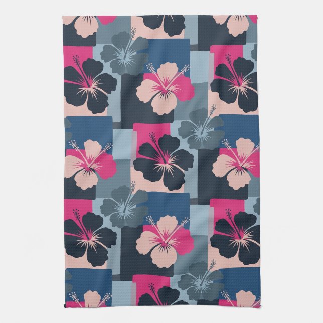 Elegant Blå Hibiskus Blommönster (13) Kökshandduk (Vertikal)