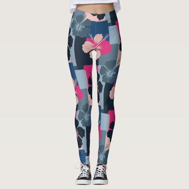 Elegant Blå Hibiskus Blommönster (13) Leggings (Framsida)
