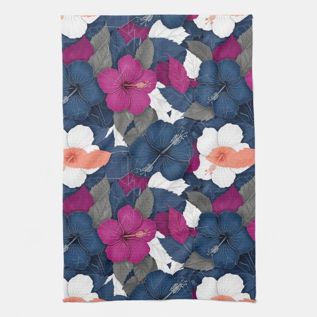 Elegant Blå Hibiskus Blommönster (2) Kökshandduk (Vertikal)