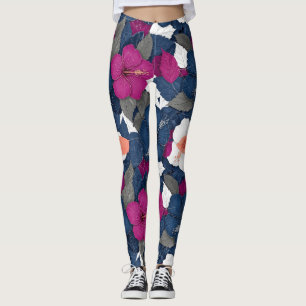Elegant Blå Hibiskus Blommönster (2) Leggings