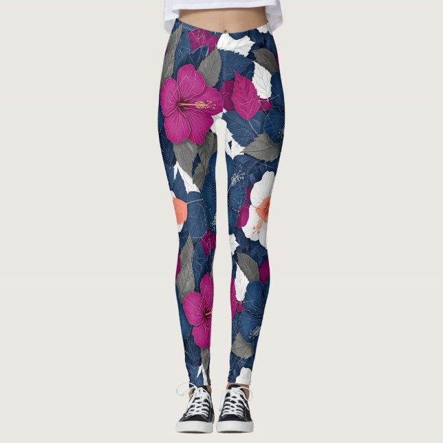 Elegant Blå Hibiskus Blommönster (2) Leggings (Framsida)