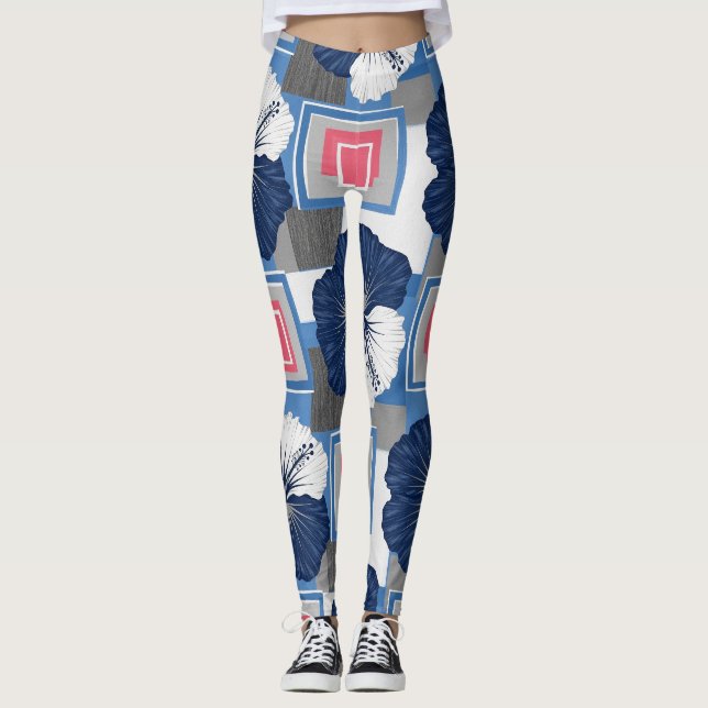 Elegant Blå Hibiskus Blommönster (3) Leggings (Framsida)