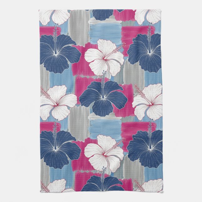 Elegant Blå Hibiskus Blommönster (5) Kökshandduk (Vertikal)
