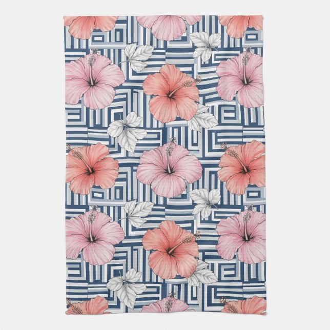 Elegant Blå Hibiskus Blommönster (6) Kökshandduk (Vertikal)