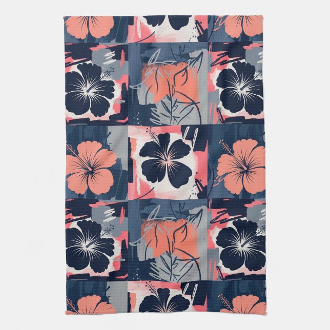 Elegant Blå Hibiskus Blommönster (7) Kökshandduk (Vertikal)